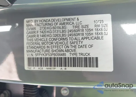 2023 Honda Ridgeline Rtl z USA, uszkodzony, nr VIN 5FPYK3F53PB056485